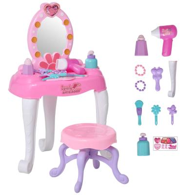 HOMCOM Juego de Tocador para +3 Años Mesa de Tocador con Taburete Espejo Incluye 16 Accesorios Función de Música Luces 35x20x59,5 cm Rosa