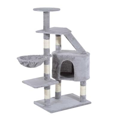 PawHut Rascador Árbol para Gatos Rascador de Gatos Barato con Postes Escalera Cueva Espaciosa Hamaca Plataformas Centro de Actividades Sisal Natural 55x40x125cm Gris
