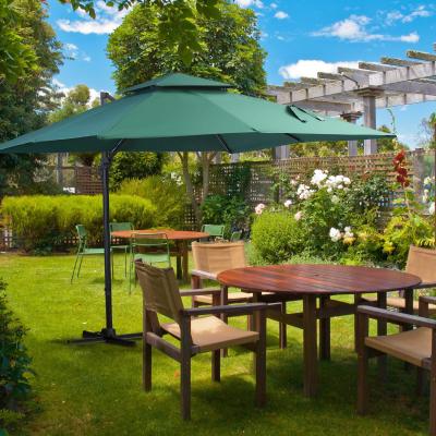 Outsunny Sombrilla de Jardín 300x300 cm Parasol Rectangular con Manivela Poste Giratorio 360° Doble Techo Inclinable en 6 Posiciones Base Cruzada Incluida Verde