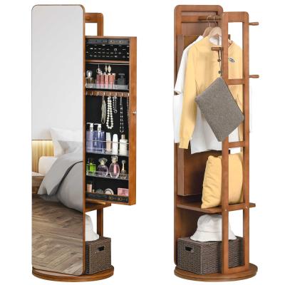 HOMCOM Armario Joyero Giratorio con Espejo de Cuerpo Entero y Perchero 3 en 1 Organizador de Joyas Oculto Estantes Colgadores y Base Redonda Madera Ø50x169 cm Nogal