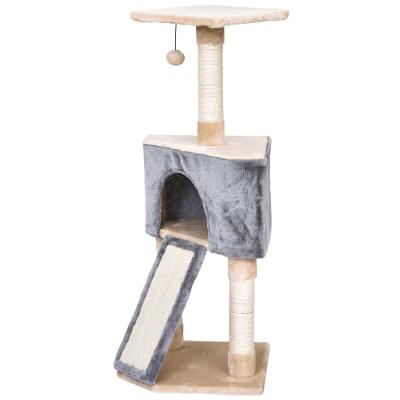 PawHut Rascador Gato con Cueva Juguete Colgante Rampa Rascador y Posters Rascadores Cuerda de Sisal 40x40x98 cm Gris y Beige
