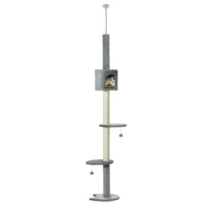 PawHut Árbol Rascador para Gatos Rascador para Fijar al Techo Altura Ajustable 220-280 cm con Plataformas Cueva Postes de Sisal Bolas Colgantes Gris Claro