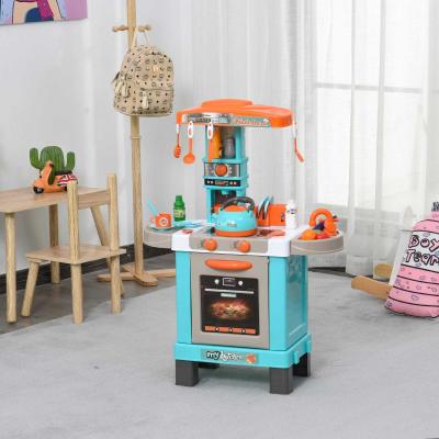 HOMCOM Set de Juguetes de Cocina para Niños Mayores de 3 Años Juegos de Rol Luces y Sonidos Educativo con 33 Accesorios 64x29x87cm Azul