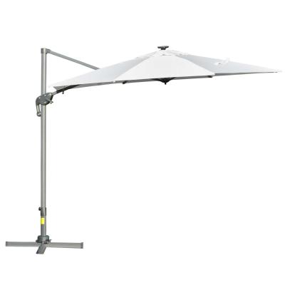 Outsunny Sombrilla de 300 cm de Aluminio Luces LED Protección UV 50+ Giratorio 360° con Manivela Panel Solar Techo Reclinable Base Cruzada Blanco