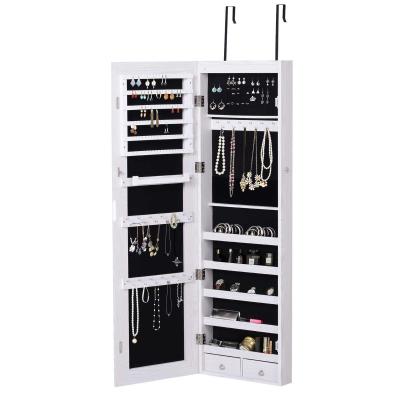 HOMCOM Espejo Joyero Colgante de Pared o Puerta con LED 5 Estantes 2 Cajones Pequeños 37x120x10cm