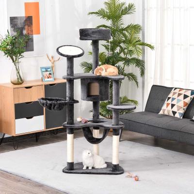 PawHut Árbol para Gatos Rascador de Gatos Barato Estable Centro de Actividades para Mascotas con Postes Rascadores Tableros Caja Hamaca Canasta Sisal Peluche 65x50x155 cm Gris Oscuro