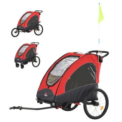 HOMCOM Remolque Infantil 3en1 para Bicicleta Carro de 2 Plazas para Niños de +6 Meses Plegable Ruedas Giratorias y Manillar Ajustable 150x85x107 cm Rojo