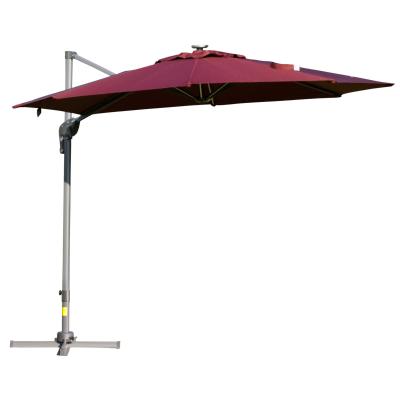 Outsunny Sombrilla de 300 cm de Aluminio Luces LED Protección UV 50+ Giratorio 360° con Manivela Panel Solar Techo Reclinable Base Cruzada Rojo
