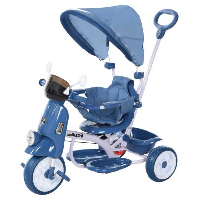 HOMCOM Triciclo Evolutivo Infantil Silla de Paseo Infantil con Función de Luz y Música Barra de Seguridad y Toldo Retráctil 93x51x94 cm Azul