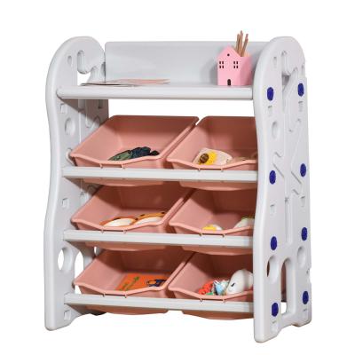 HOMCOM Estantería Infantil de Juguetes Organizador Almacenaje de Niños con 6 Cajas y Estante para Sala de Juegos Guardería Libros 76x36x92 cm Coral y Blanco