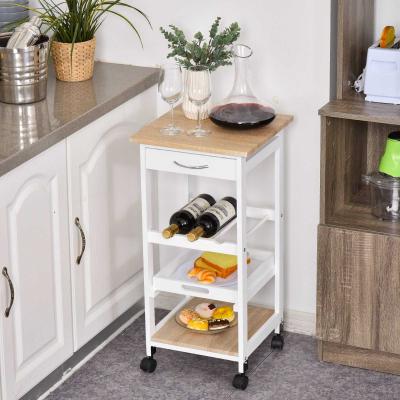 HOMCOM Carrito de Cocina Carro de Servicio de 4 Niveles con Ruedas Giratorias Cajón Estantes Botellero Almacenaje 37x37x76 cm Blanco