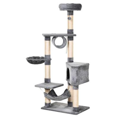 PawHut Árbol Rascador para Gatos 154 cm de Altura Escalador con Plataformas Túnel Hamaca y Postes de Rascado de Sisal, Gris