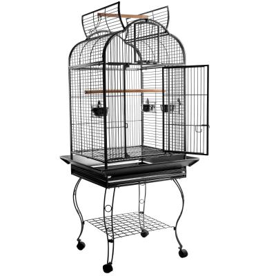 PawHut Jaula de Pájaros Pajarera Metálica para Aves con 2 Puertas Perchas y Rejilla Deslizable Bandeja Extraíble 4 Ruedas 75x69x159 cm Gris Oscuro