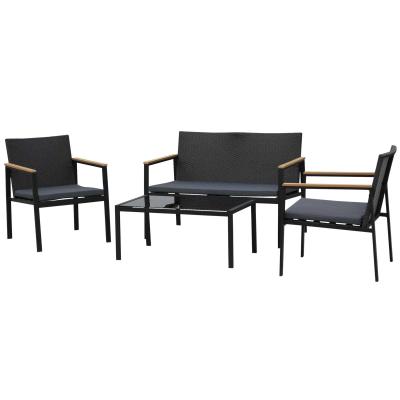 Outsunny Conjunto de Exterior Formado por 4 Piezas de Ratán Mesa de Centro Sofá y 2 Sillones en Color Negro y Gris