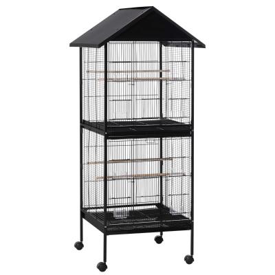 PawHut Jaula Grande para Pájaros de 2 Pisos con Ruedas 8 Comederos 4 Perchas y Bandejas Extraíbles para Canarios Loros 71,5x72x170 cm Negro