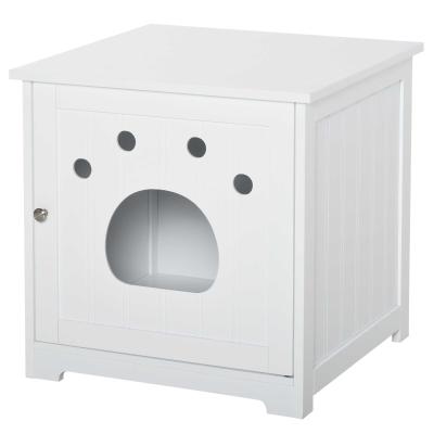 PawHut Casa para Gatos de Madera Mueble Arenero Gatos con Puerta y Entrada en Forma de Garra Cueva de Gatos para Descanso 48x51x51 cm Blanco