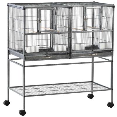 PawHut Doble Jaula Individual para Pájaros Pequeños Jaula Grande para Aves con 4 Ruedas Bandejas Múltiples Puertas 4 Comederos 4 Perchas 95x45,5x102cm