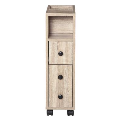 kleankin Armario de Baño Mueble para Baño Espacio Limitado con Ruedas Universales 2 Frenos Estantes Abiertos Armario Cajón 18x30x68,5 cm Madera Roble