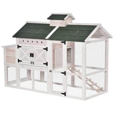 PawHut Gallinero Exterior de Madera de Abeto Jaula para Gallinas Pollos con Zona Abierta Ponedero Bandeja Extraíble y Techo Abatible 180x80,5x130 cm Blanco y Verde