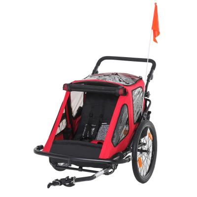 HOMCOM Remolque de Bicicleta para Niños +18 Meses 2 en 1 Cochecito de Paseo de 2 Plazas con Altura Ajustable del Manillar Barra Bandera y Reflectores 160x83x96 cm Rojo