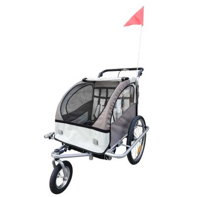 HOMCOM Remolque Infantil para Bicicleta 2 PLAZAS Rueda Giratoria 360 grados Amortiguadores BARRA INCLUIDA Kit Footing BEIGE