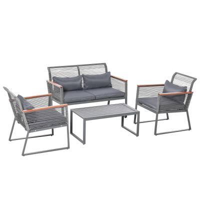 Outsunny Conjunto de Muebles de Jardín de 4 Piezas Ratán con 1 Mesa de Café 1 Sofá Doble y 2 Sillas Individuales Cojines Acolchados para Patio Terraza Gris