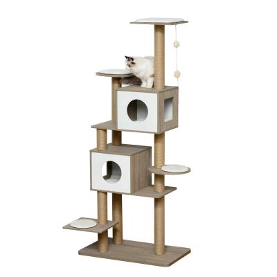 PawHut Árbol Rascador Árbol para Escalar para Gatos Altura 177cm con Plataformas Cuevas Juguete Colgante Cojín Extraíble Postes de Yute Blanco y Marrón