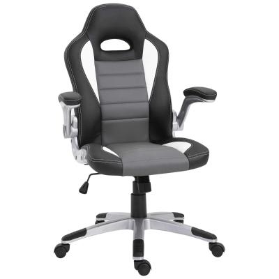 HOMCOM Silla de Oficina Ergonómica Silla de Escritorio Ajustable en Altura Reposabrazos Abatibles con 5 Ruedas Cuero Sintético PU Carga 120 kg 65x69x112-122 cm Gris