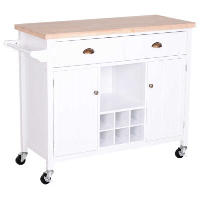 HOMCOM carrito auxiliar cocina con Ruedas Isla de Cocina Multiusos con Cajones Botellero Armarios Cerrados y Estante Cajón Blanco 113x45x89cm