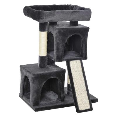 PawHut Árbol Múltiples Actividades para Gatos Centro de Juegos para Mascotas con Postes y Tablero Rascador Cuevas Cama con Borde Elevado Tacto Suave 59x39x83 cm Gris Oscuro