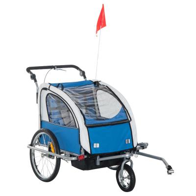 HOMCOM Remolque Infantil para Bicicleta 2 PLAZAS Rueda Giratoria 360° y Amortiguadores CON BARRA INCLUIDA Kit de Footing COLOR Azul