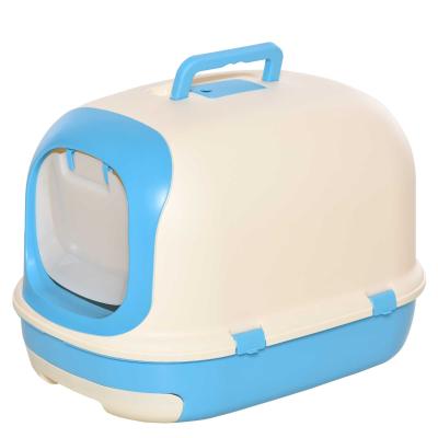 PawHut Arenero para Gatos Caja de Arena con Asa de Transporte Doble Fondo Bandeja Extraíble Pala y Filtro de Carbón Activo 63x43x43 cm Beige y Azul