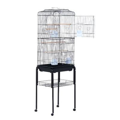 PawHut Jaula para Pájaros con Soporte con Ruedas Pajarera con Bandeja Extraíble y Estante Inferior para Canarios Loros 47,5x37x153 cm Negro