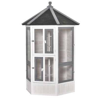 PawHut Pajarera de Madera Grande para Balcón Jardín con Múltiples Puertas Ventanas 2 Nidos de Pájaros 5 Barras y Techo Asfáltico 125x125x183 cm Gris Blanco y Negro