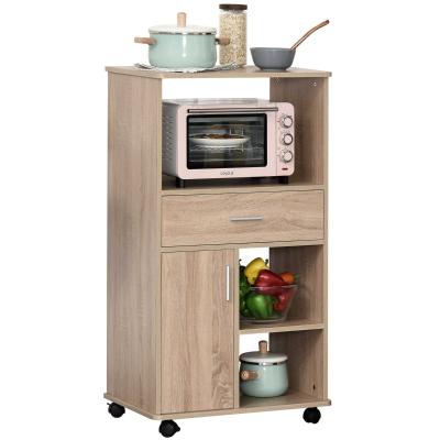 HOMCOM Carro de Cocina para Microondas Aparador de Almacenaje con 4 Ruedas y Frenos Cajón Estantes Abiertos Compartimento con Puerta 60x40x108 cm Roble
