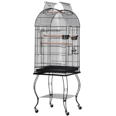 PawHut Jaula para Pájaros con Soporte y Ruedas Jaula Grande de Metal con Bandeja Extraíble y 2 Comederos para Loros Guacamayos 53x53x153 cm Negro
