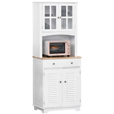 HOMCOM Aparador Cocina Armario Auxiliar Alacena con 2 Armarios de Puertas 2 Cajones y Estante Abierto para Microondas 68x39,5x170 cm Blanco