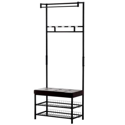 HomCom Perchero con Asiento Acolchado Estante para Zapatos y Colgador de Ropa - Negro - 72.5x35x180cm