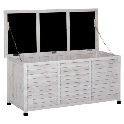 Outsunny Baúl de Madera Exterior Caja de Almacenamiento de Jardín con Tapa Abrible y Diseño Persiana 127x56x60 cm Blanco