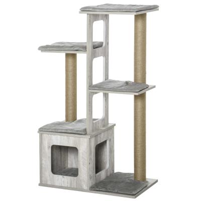 PawHut Árbol Rascador para Gatos Rascador de Gatos Barato Torre de Escalada de Gatos con Cueva Múltiples Plataformas y Postes de Rascar de Yute Juego y Descanso 67x38,5x114 cm Gris