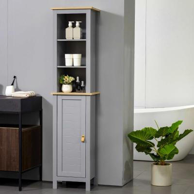 kleankin Armario Alto de Baño Mueble Columna Estrecho Moderno con 1 Puerta Estante Ajustable y 3 Compartimentos Abiertos 39x30x168 cm Gris