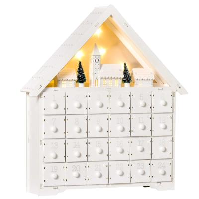 HOMCOM Calendario de Adviento Navidad Madera con 24 Cajones Luces LED 39x9x42 cm Blanco