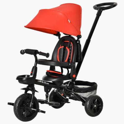HOMCOM Triciclo Bebé 4 en 1 Bicicleta para Niños 1-5 Años con Asiento Giratorio Capota Ajustable Mango de Empuje Telescópico y Reposapiés Plegable 111,5x52x98 cm Rojo