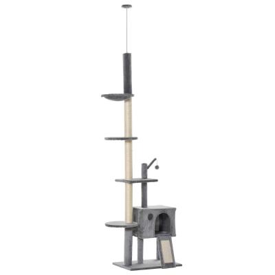 PawHut Árbol Rascador para Gatos Rascador para Fijar al Techo Altura Ajustable 238-270 cm con Hamaca Cueva Rampa Bola de Juego Gris Claro