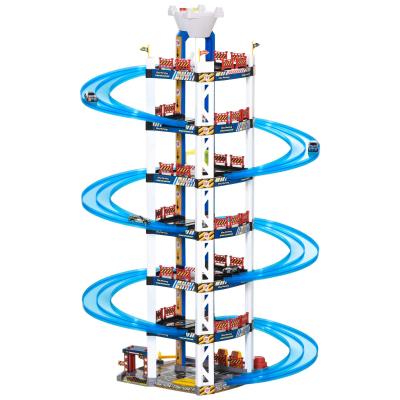 HOMCOM Parking Infantil de 7 Plantas Garaje de Juguete Incluye Ascensor Eléctrico con Luz y Sonido Doble Pista y 4 Coches de Carreras para +3 Años 64x59x113 cm Azul y Blanco