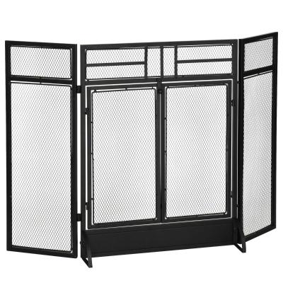HOMCOM Salvachispas Plegable Pantalla Protectora de Chimenea de 3 Paneles con Doble Puerta y Pies Adicionales Estructura de Metal 120x11,5x79 cm Negro