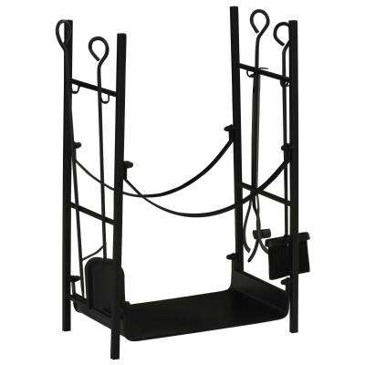 Outsunny Estante para Leña de 2 Niveles Leñero Exterior e Interior Metálico con 4 Herramientas para Chimenea Carga Máx.70 kg 44,5x29,5x73 cm Negro