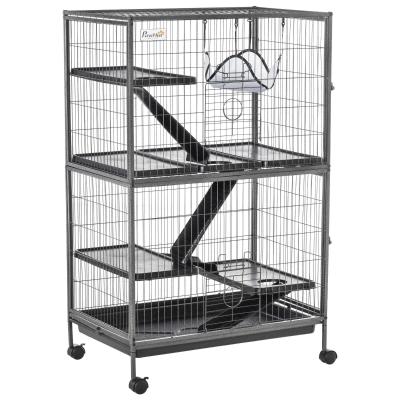 PawHut Jaula Grande para Roedores 80x52x128 cm Casa de 4 Alturas con Rampas Hamaca Colgante Bandeja Extraíble Ruedas Puertas Gris Plateado