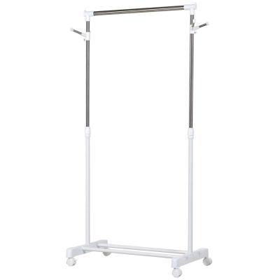 HOMCOM Colgador de ropa Perchero Estándar de Barra Altura Ajustable Portátil con Estante Inferior sobre Ruedas Tubería de Acero 68,5x42x87-145 cm Blanco Plata