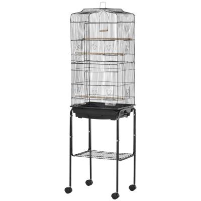 PawHut Jaula para Pájaros con Soporte Jaula Metálica de Aves Canarios con 4 Ruedas Puertas 4 Comederos 3 Perchas Bandeja Extraíble y Estante Inferior 46,5x36x157 cm Negro